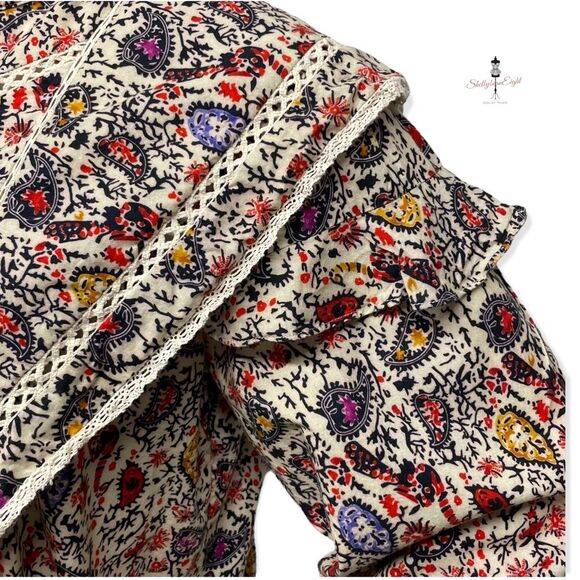 COTTAGECORE Prairie Vintage 70s Look Peacock Print Lace Trim Blouse Top M L - Picture 13 of 16